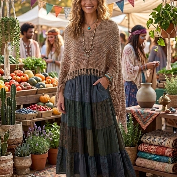 Tops - Boho Fringe High Low Knit Poncho